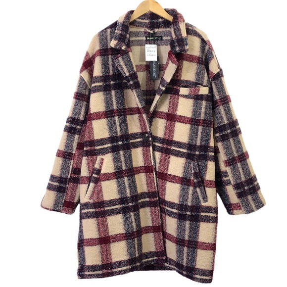Blank NYC Go Ahead Teddy Red Cream Plaid Oversized Wool Blend Button Jacket Coat - Picture 5 of 11